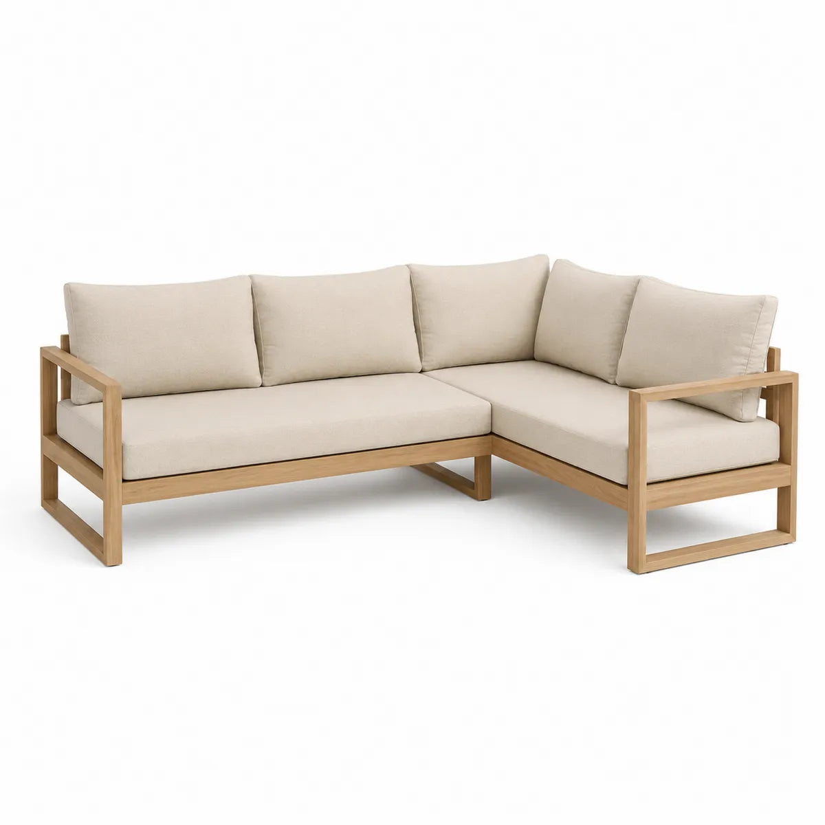 Sofa narożna z drewna tekowego z kremowymi poduszkami