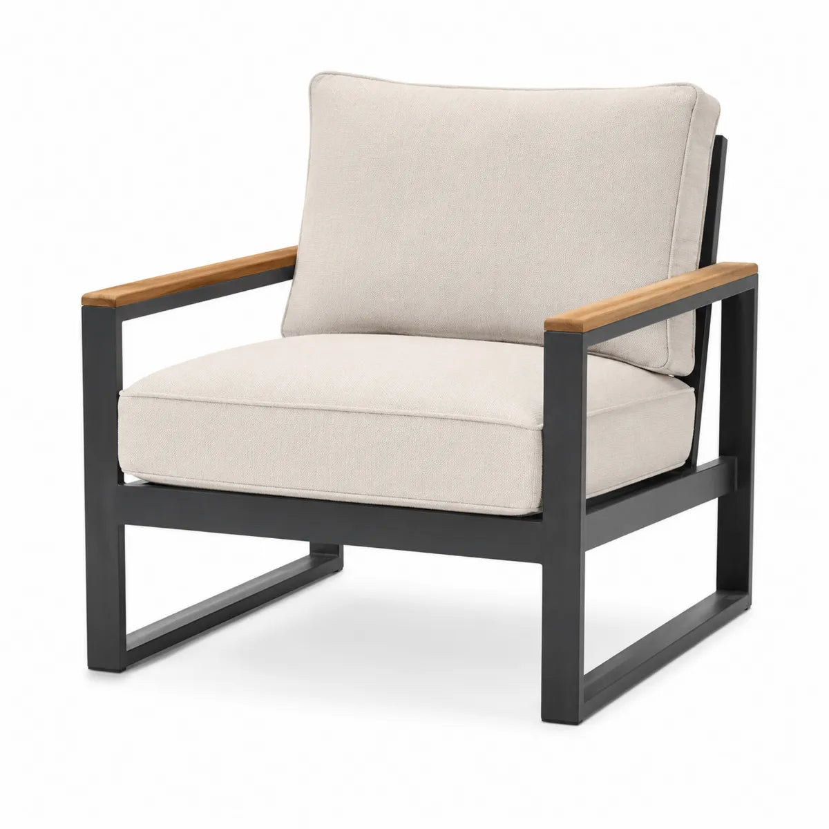 Fotel aluminiowy z drewnianymi podłokietnikami i beżową tkaniną 75x88x80 cm