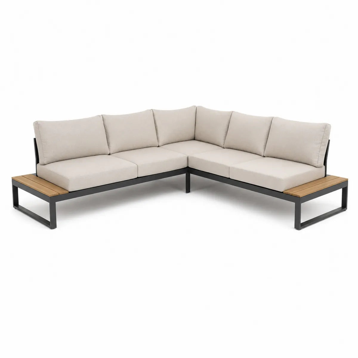 Narożnik aluminiowy z poduszkami beżowy z elementami drewnianymi 250x180 cm
