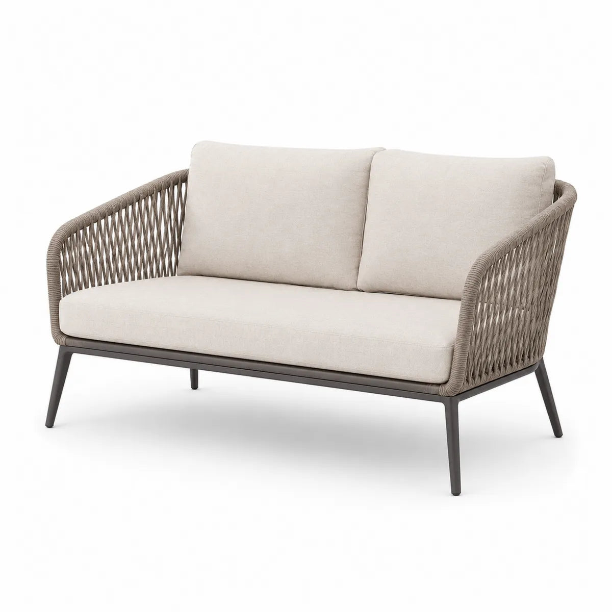 Dwuosobowa sofa aluminiowa z plecionymi bokami i beżowymi poduszkami