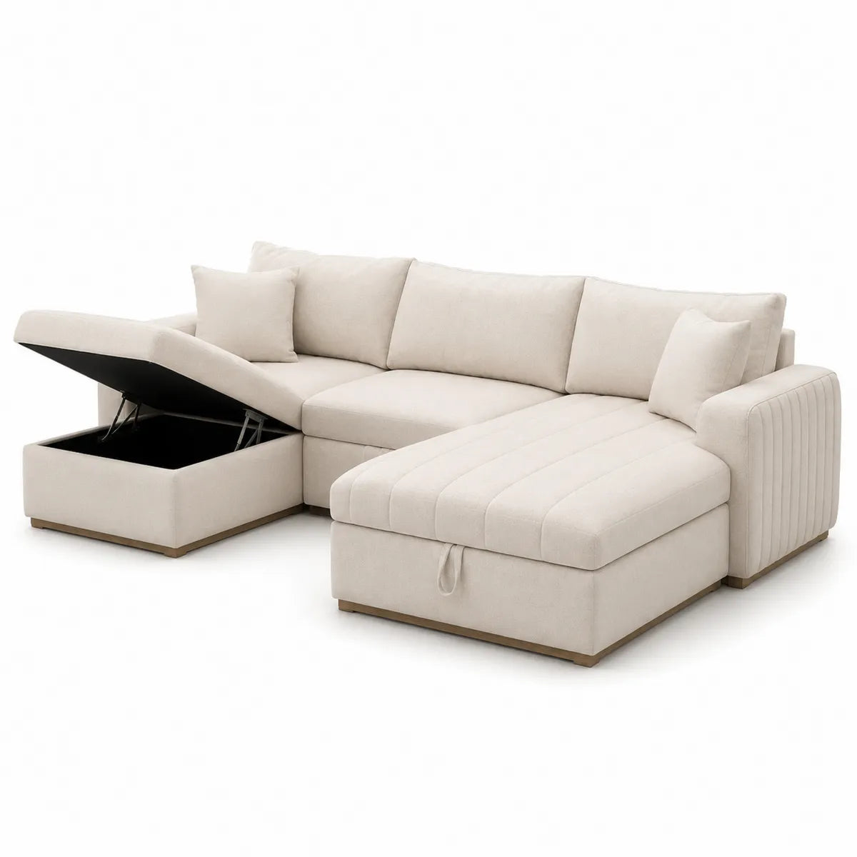 Sofa narożna rozkładana beżowa z tkaniny 260x180x90 cm z pojemnikiem na przechowywanie