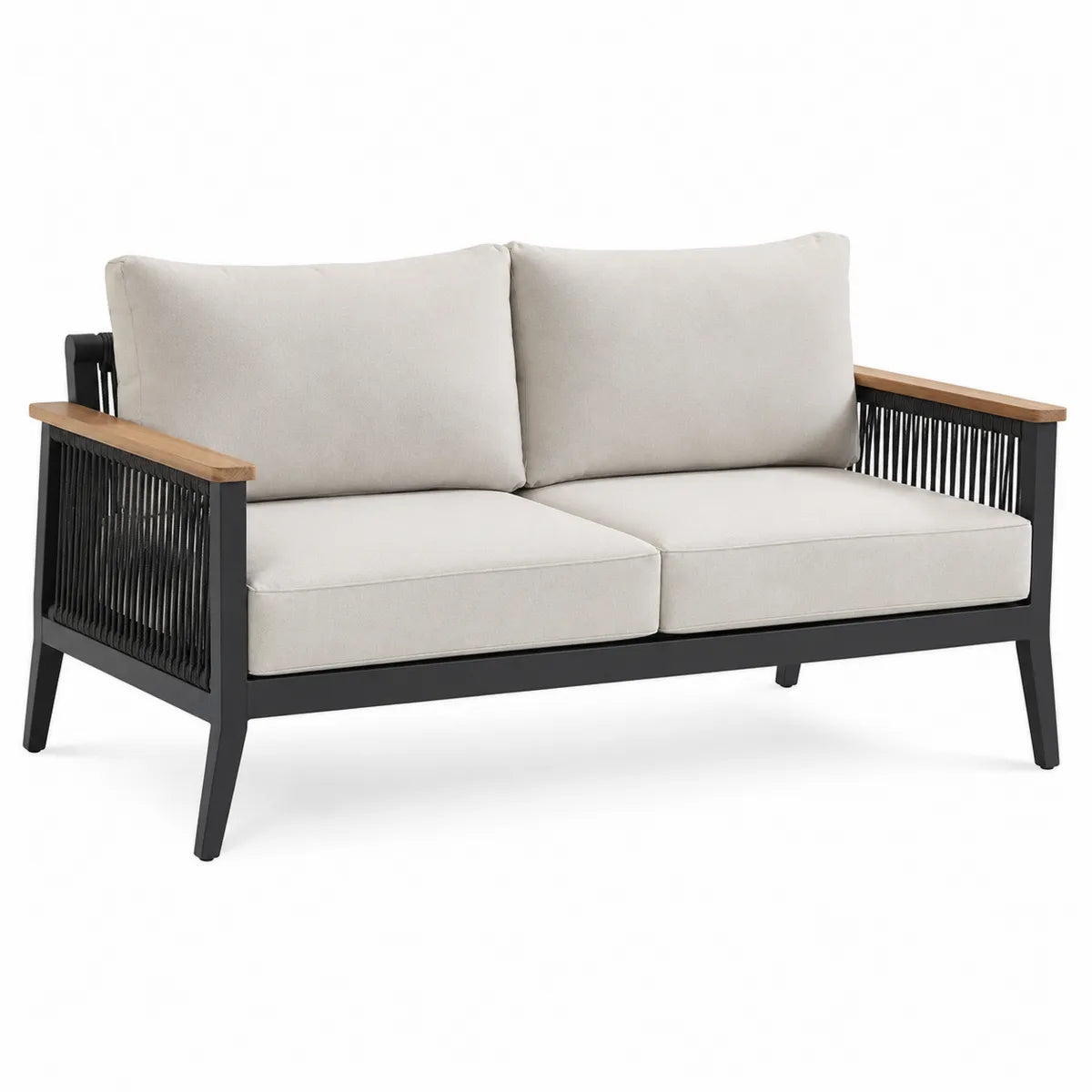 Dwuosobowa sofa ogrodowa z aluminium i drewnianymi podłokietnikami, kremowa