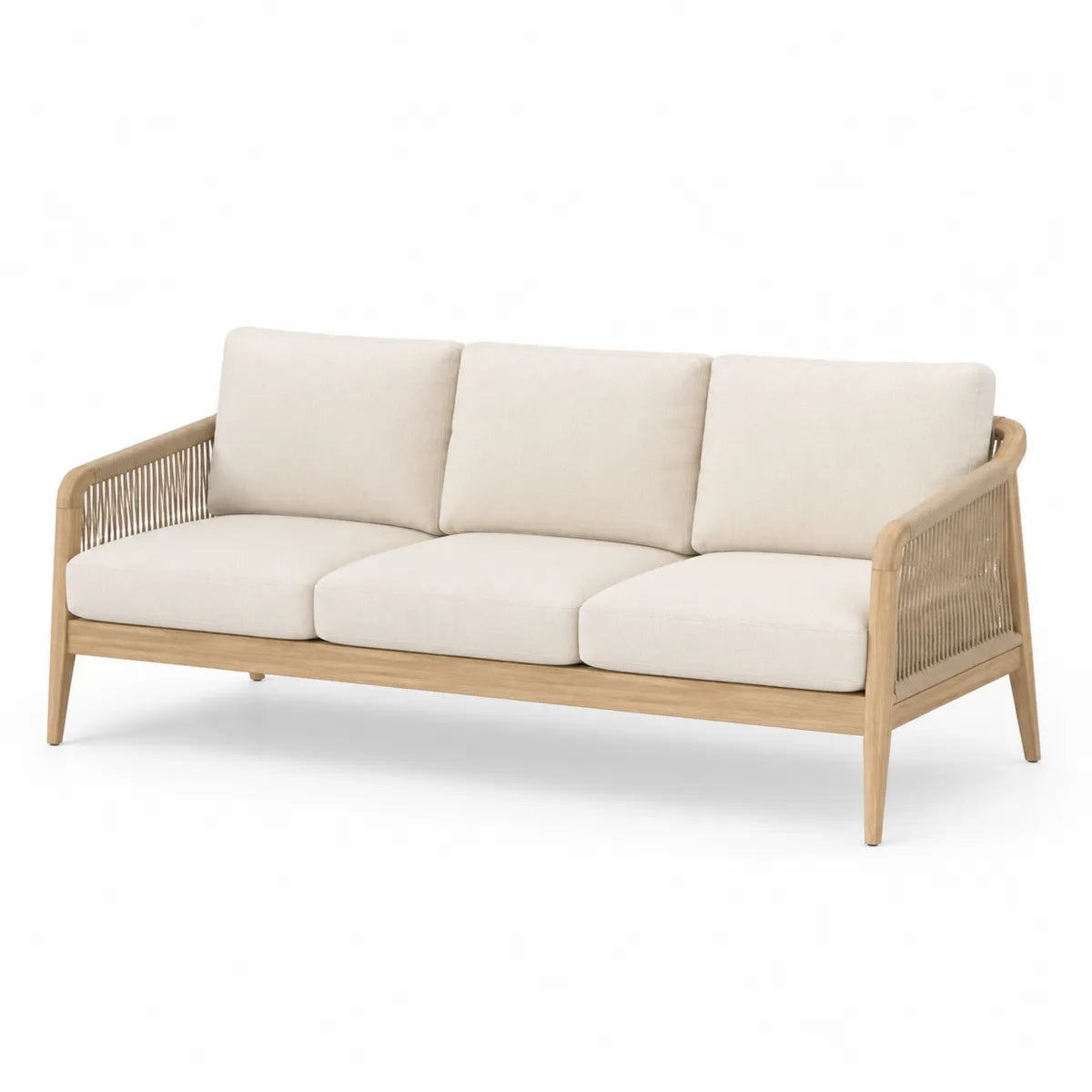 Sofa 3-osobowa z drewna teak z beżową tkaniną 200 cm
