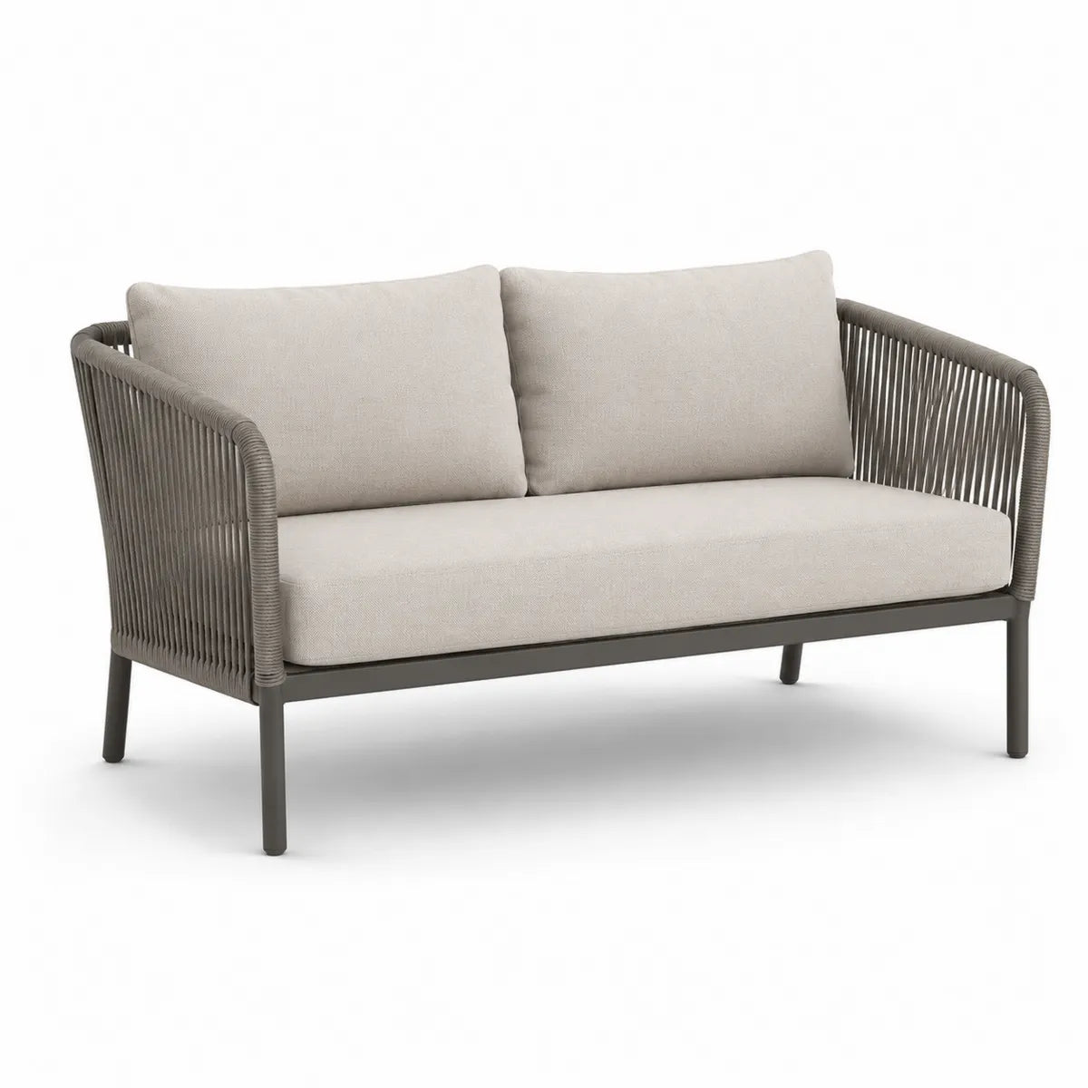 Sofa ogrodowa 2-osobowa z aluminium i liną poliestrową, poduszki beżowe