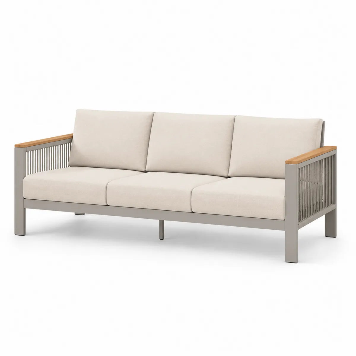 Beżowa sofa ogrodowa 3-osobowa z metalu i drewna