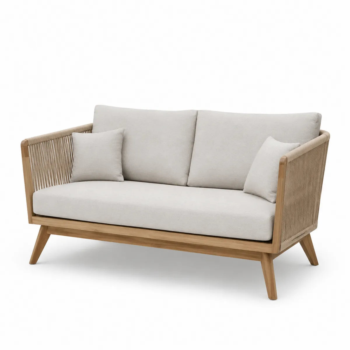 Dwuosobowa sofa ogrodowa z drewna tekowego z beżowymi poduszkami