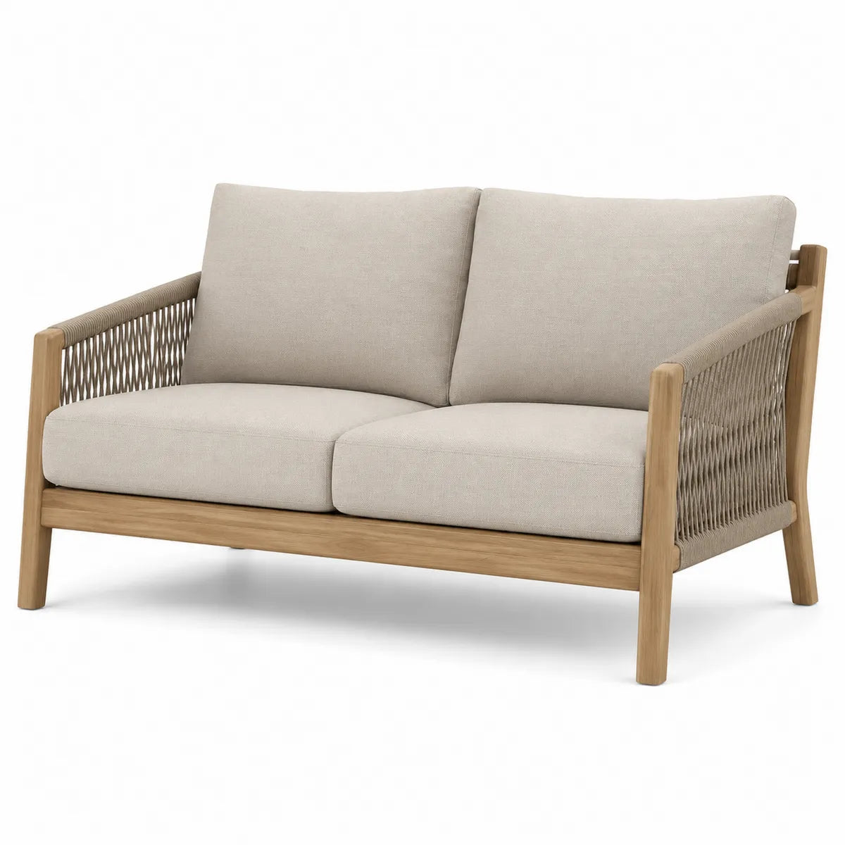 Dwuosobowa sofa ogrodowa teak z poduszkami poliestrowymi beżowy