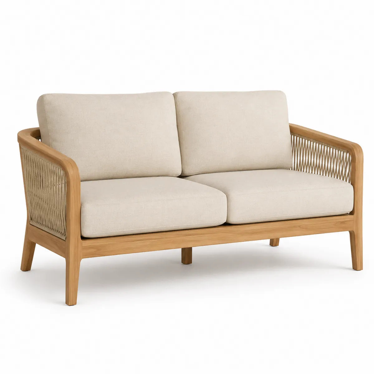 Sofa dwuosobowa z drewna tekowego i lnu 150 cm