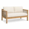 Drewniana sofa ogrodowa z beżowymi poduszkami z tkaniny poliestrowej 160 cm