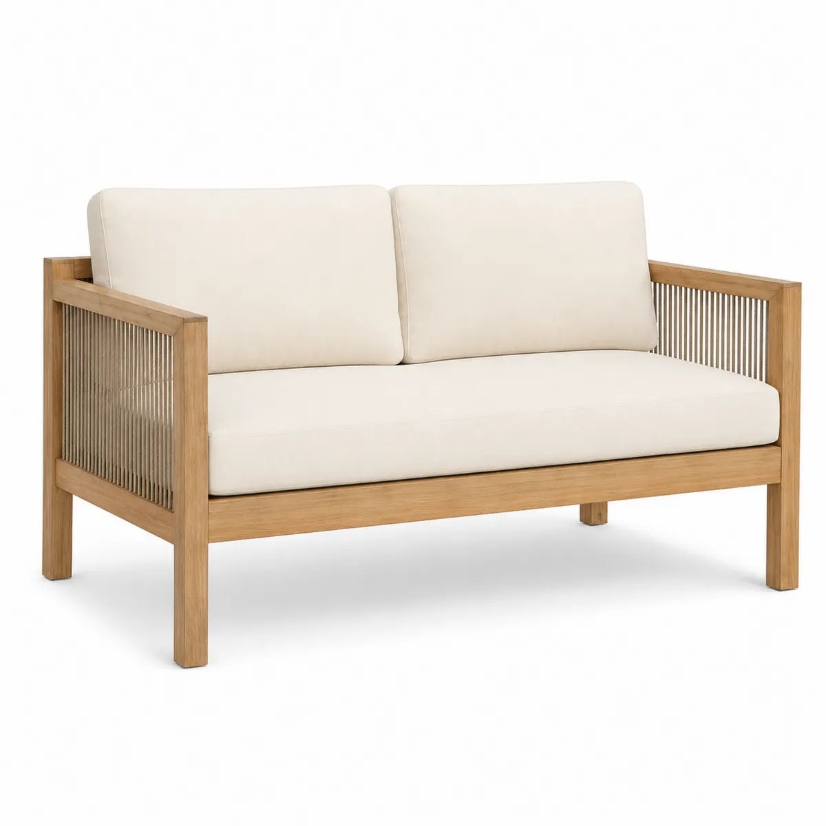 Drewniana sofa ogrodowa z beżowymi poduszkami z tkaniny poliestrowej 160 cm